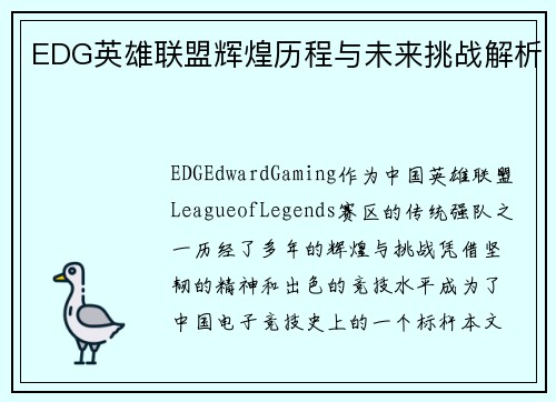 EDG英雄联盟辉煌历程与未来挑战解析